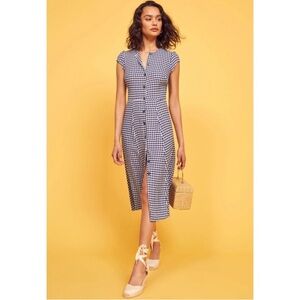 Reformation Fauna Button Front Midi Dress in Madison Check Blue NWT Size 4